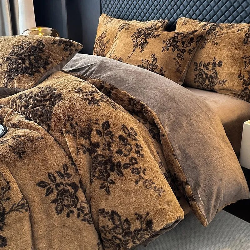 4 Pieces Vintage Print Soft Plush Faux Fur Fuzzy Comforter Cover Bedding Set