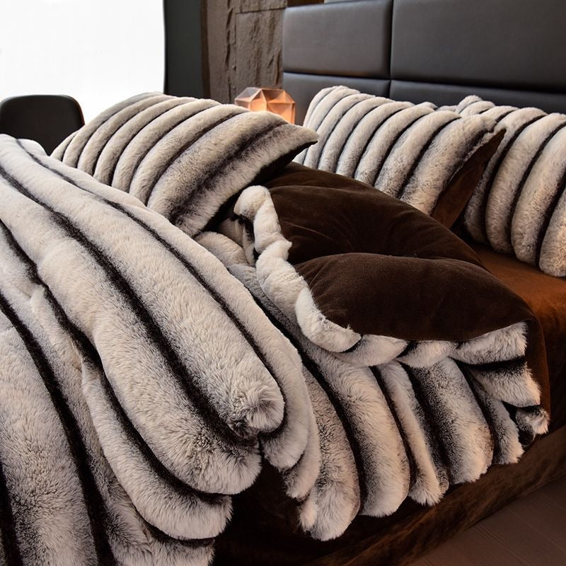 4 Pieces Luxury Faux Rabbit Fur Striped Bedding Set