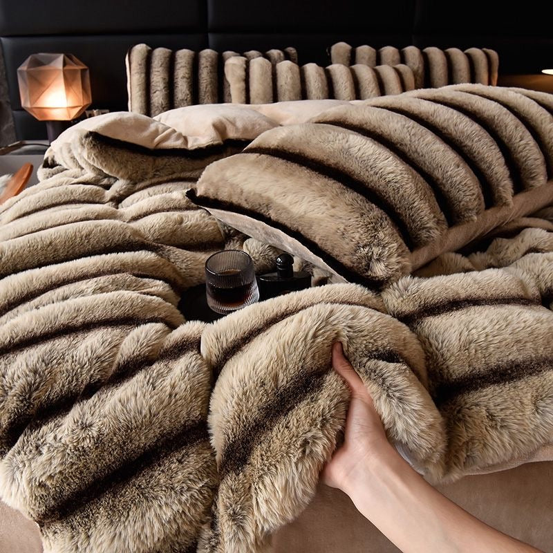 4 Pieces Luxury Faux Rabbit Fur Striped Bedding Set