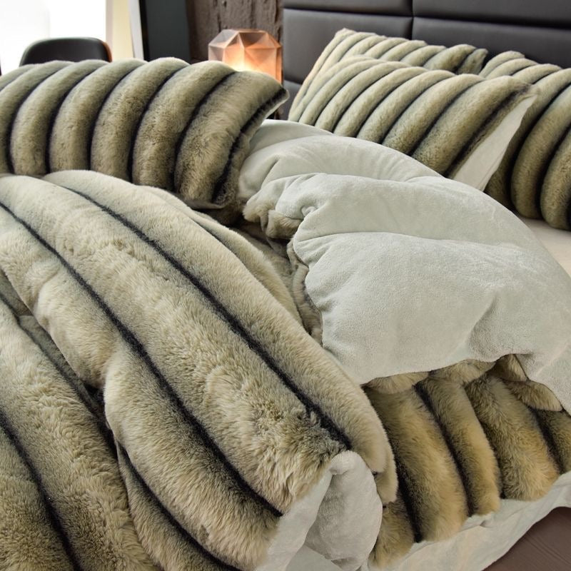 4 Pieces Luxury Faux Rabbit Fur Striped Bedding Set