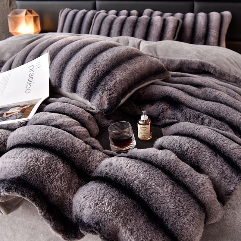 4 Pieces Luxury Faux Rabbit Fur Striped Bedding Set