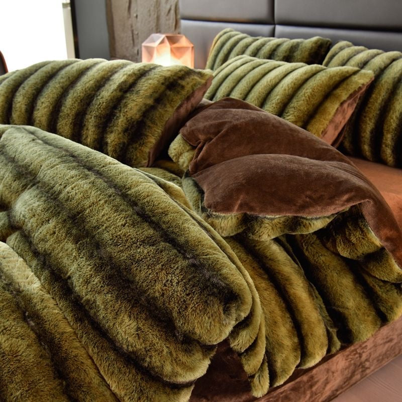 4 Pieces Luxury Faux Rabbit Fur Striped Bedding Set