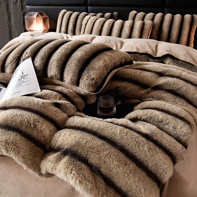 4 Pieces Luxury Faux Rabbit Fur Striped Bedding Set