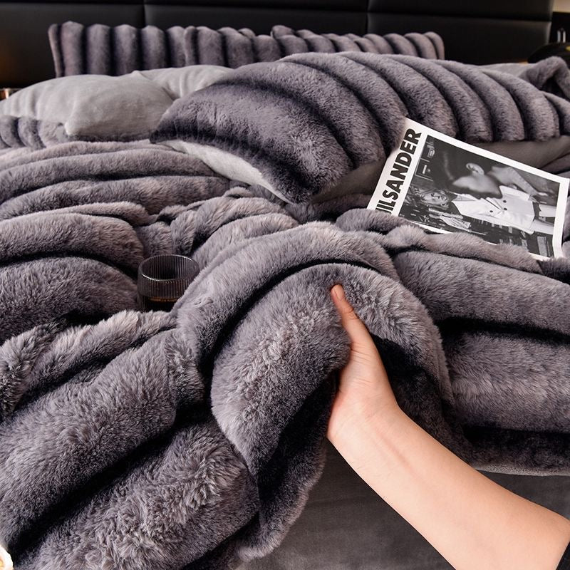 4 Pieces Luxury Faux Rabbit Fur Striped Bedding Set