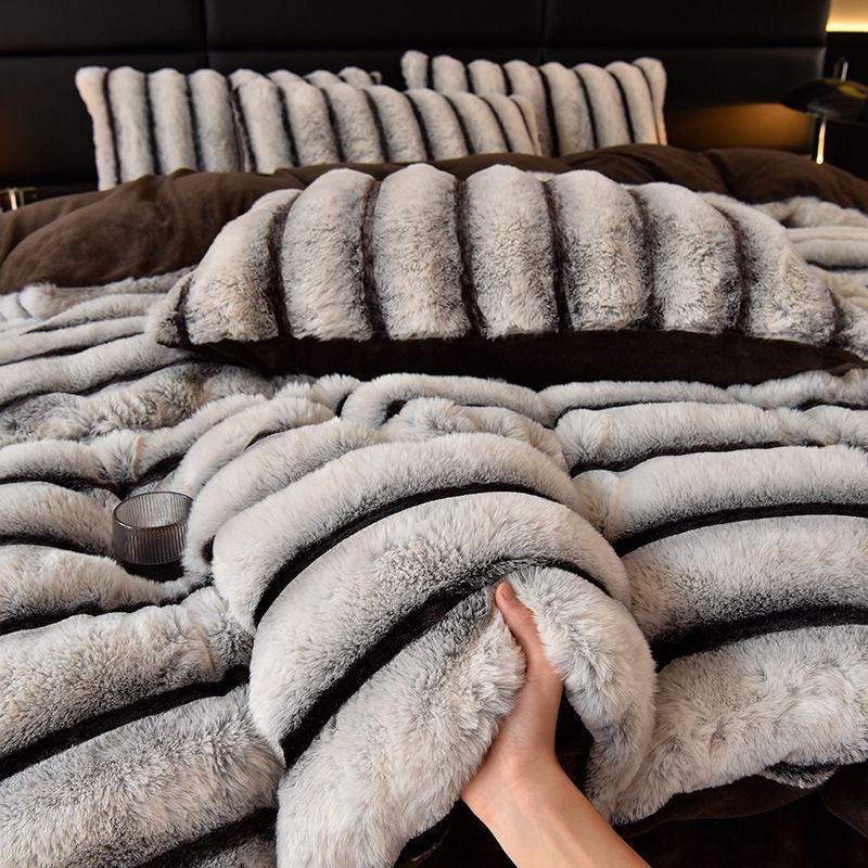 4 Pieces Luxury Faux Rabbit Fur Striped Bedding Set