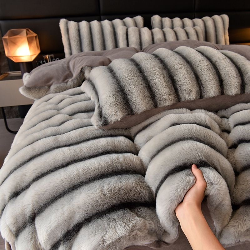 4 Pieces Luxury Faux Rabbit Fur Striped Bedding Set