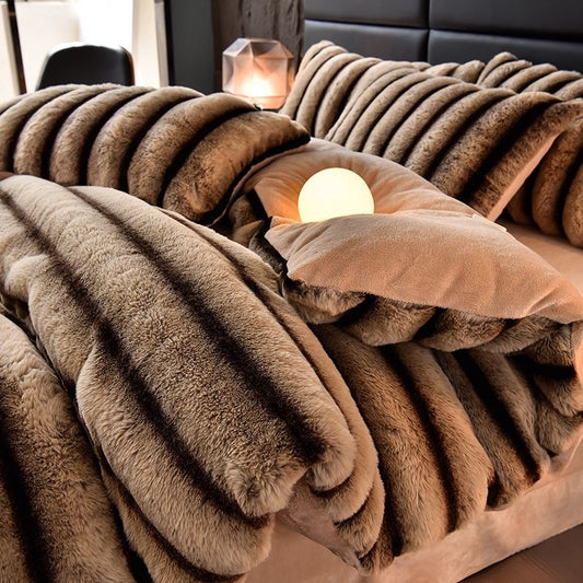 4 Pieces Luxury Faux Rabbit Fur Striped Bedding Set