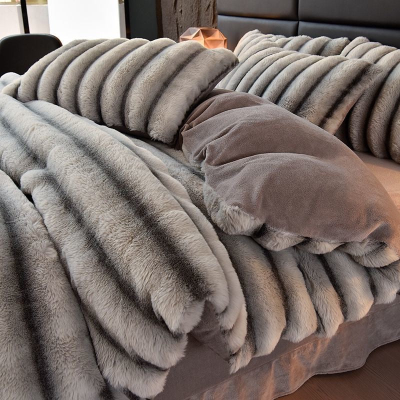 4 Pieces Luxury Faux Rabbit Fur Striped Bedding Set
