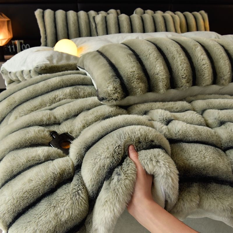 4 Pieces Luxury Faux Rabbit Fur Striped Bedding Set